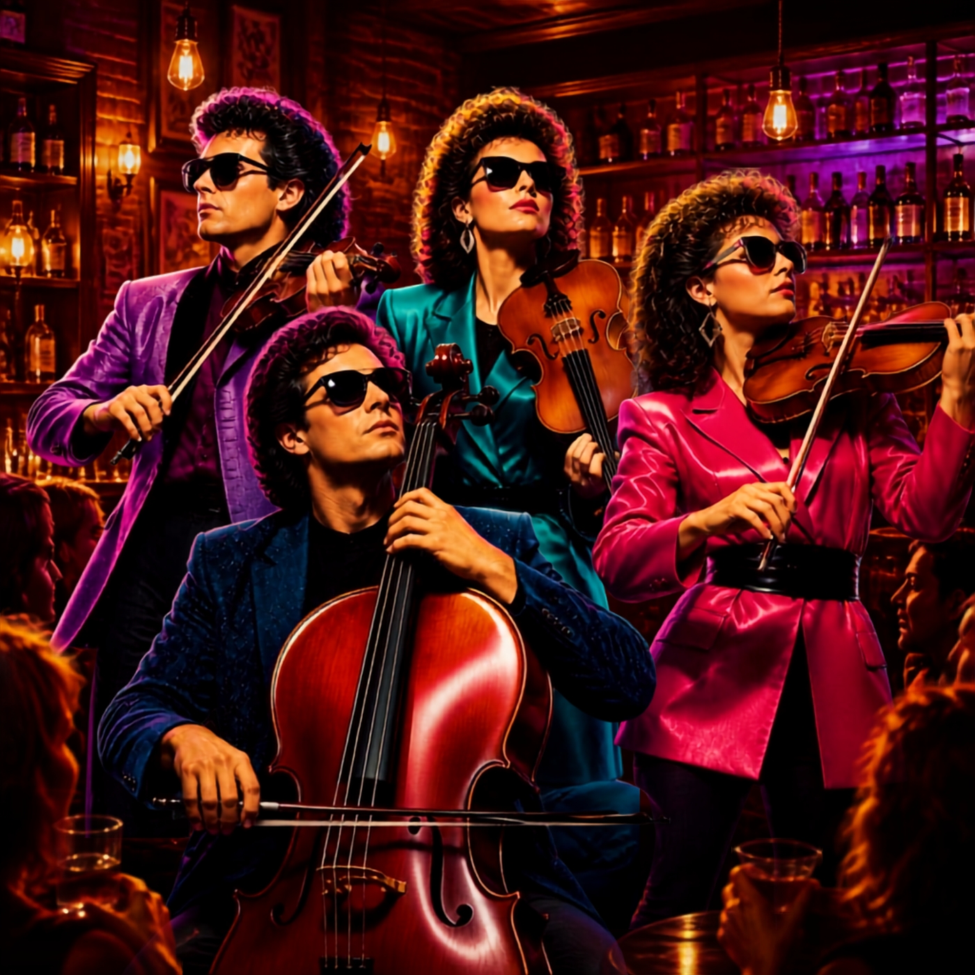 Four string-quartet musicians wearing sunglasses and colorful jackets perform in a warmly lit lounge.